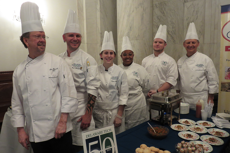 Delaware Technical Community College struts its culinary stuff with (l-r) Culinary Arts Instructional Coordinator Tom Howell, students Paul Albright and Regina Wilson from Stanton Campus in Newark, students Javiah Prince and Paul Skrennock from the Terry Campus in Dover and Chef/Instructional Director Ed Hennessy. BOB YESBEK PHOTOS
